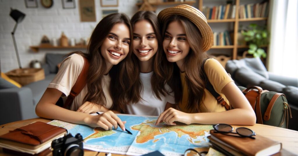 Imagem de duas irmãs sorrindo e segurando um mapa, planejando uma viagem, cercadas por guias e acessórios de viagem, simbolizando a alegria de planejar grandes aventuras