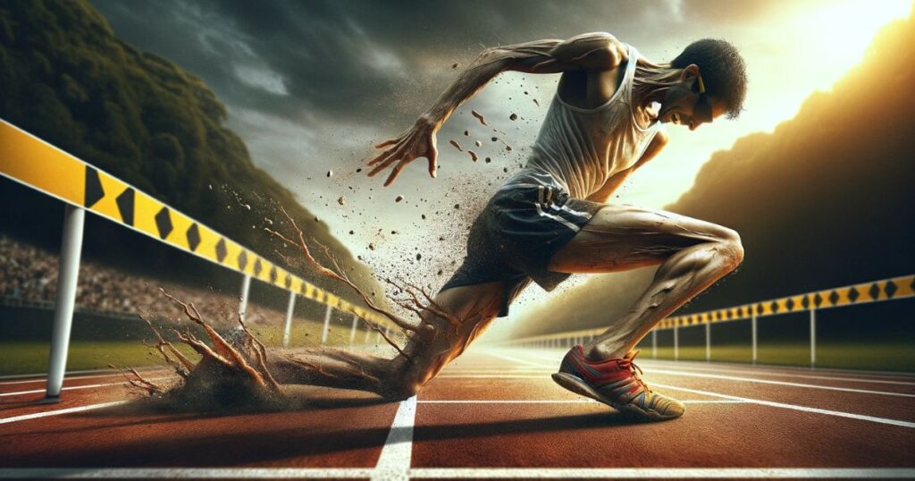 Imagem de um corredor se levantando após cair em uma corrida, limpando a sujeira de suas roupas, simbolizando resiliência e a vontade de retomar o ritmo e superar obstáculos