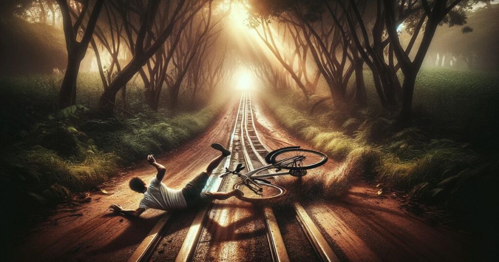 Imagem de uma pessoa se levantando após cair de bicicleta, simbolizando a resiliência e determinação necessárias para superar desafios e voltar ao caminho certo