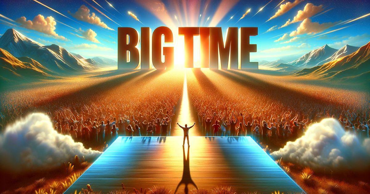 Imagem ilustrando a expressão 'Big Time', com uma cena de celebração grandiosa ou uma pessoa triunfante. Representa o sucesso em grande escala e momentos importantes, ideal para conteúdo sobre conquistas significativas, celebrações e histórias de sucesso