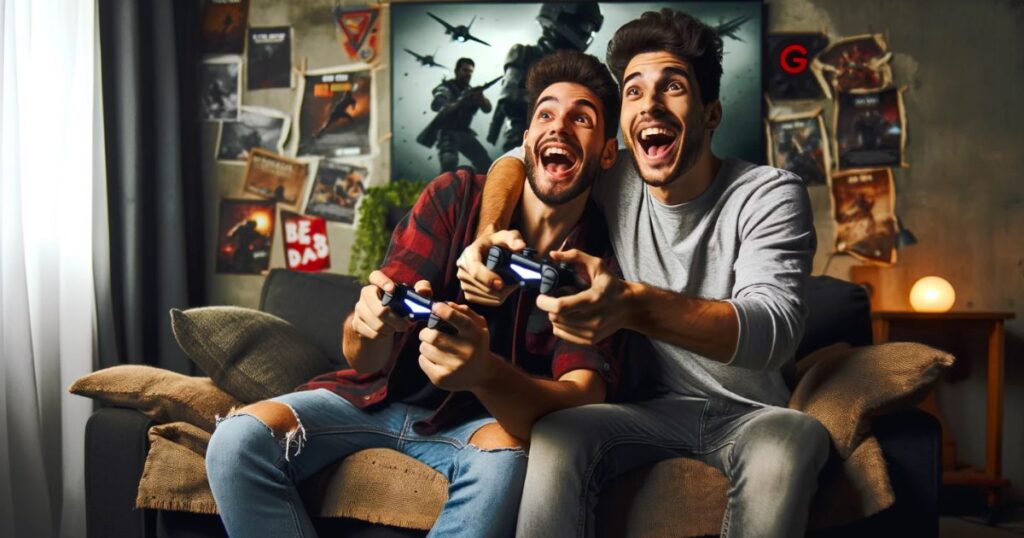 Imagem de dois amigos jogando videogame, celebrando uma vitória com expressões de alegria e entusiasmo, em um ambiente aconchegante com pôsteres de jogos ao fundo